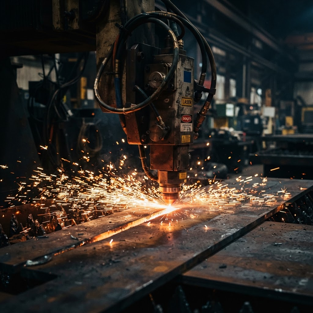 Industrial laser cutting and cleaning a steel plate with sparks